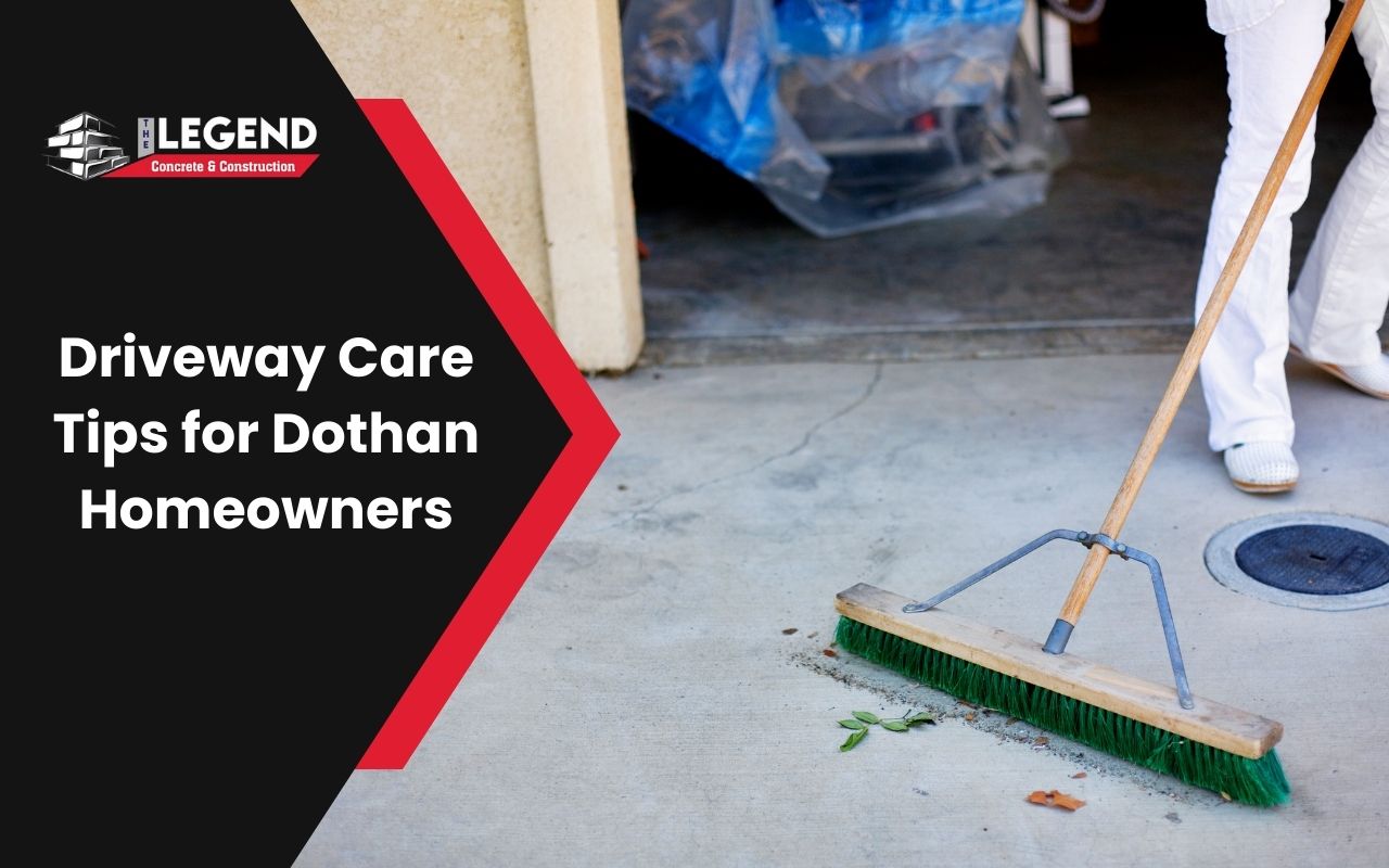 A homeowner sweeping a concrete driveway to remove debris.
