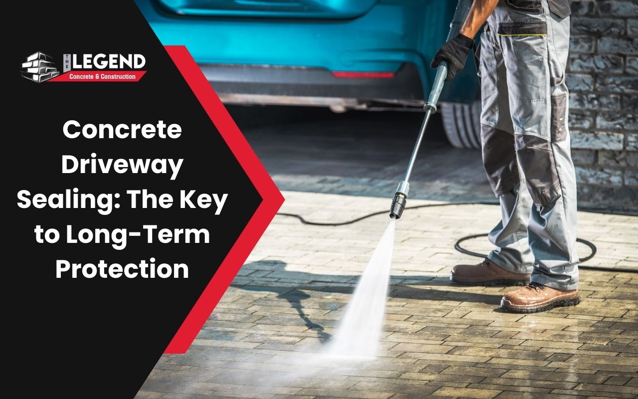 Cleaning a driveway with a pressure washer before applying sealer.
