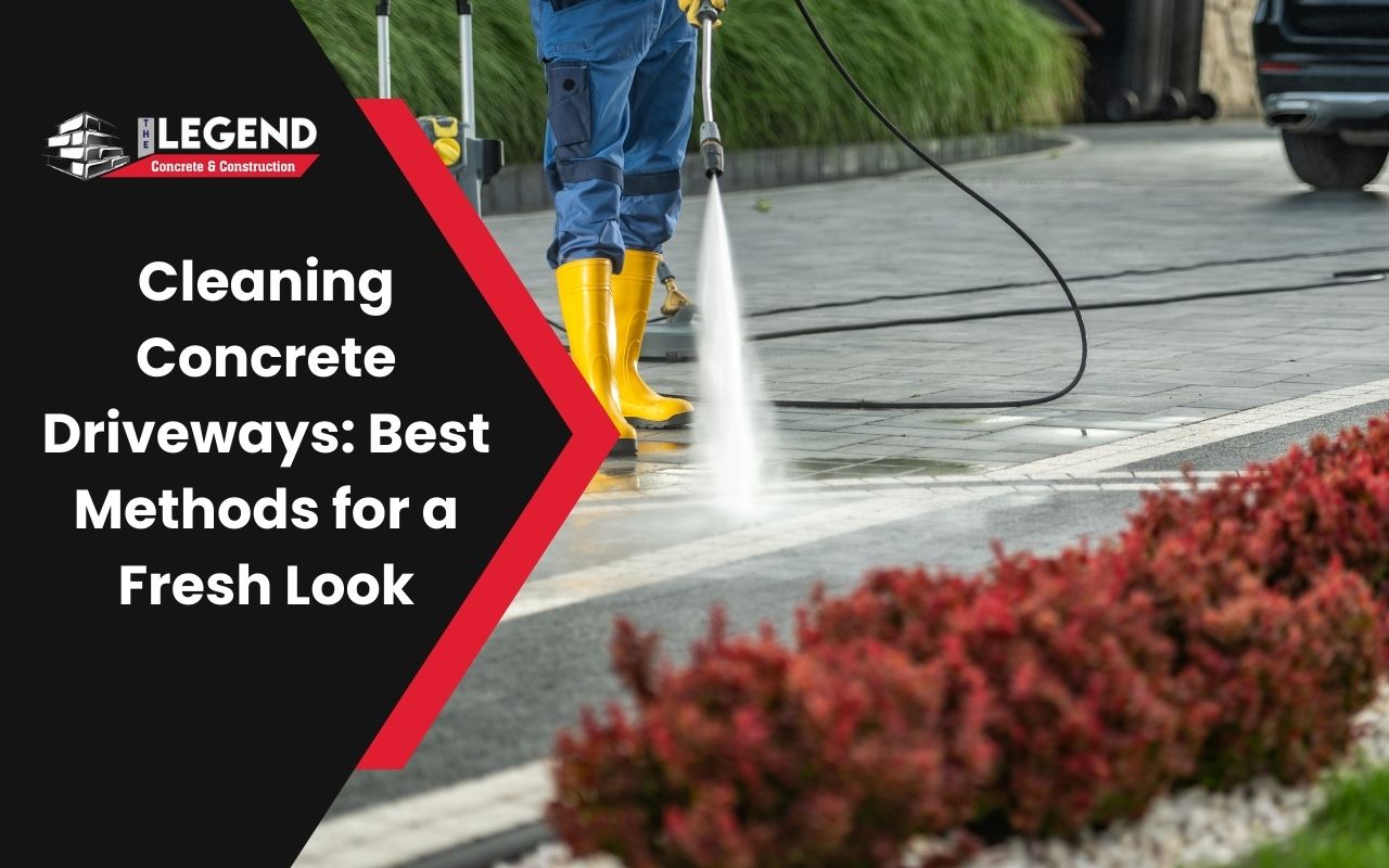A worker using a pressure washer to clean a concrete driveway.