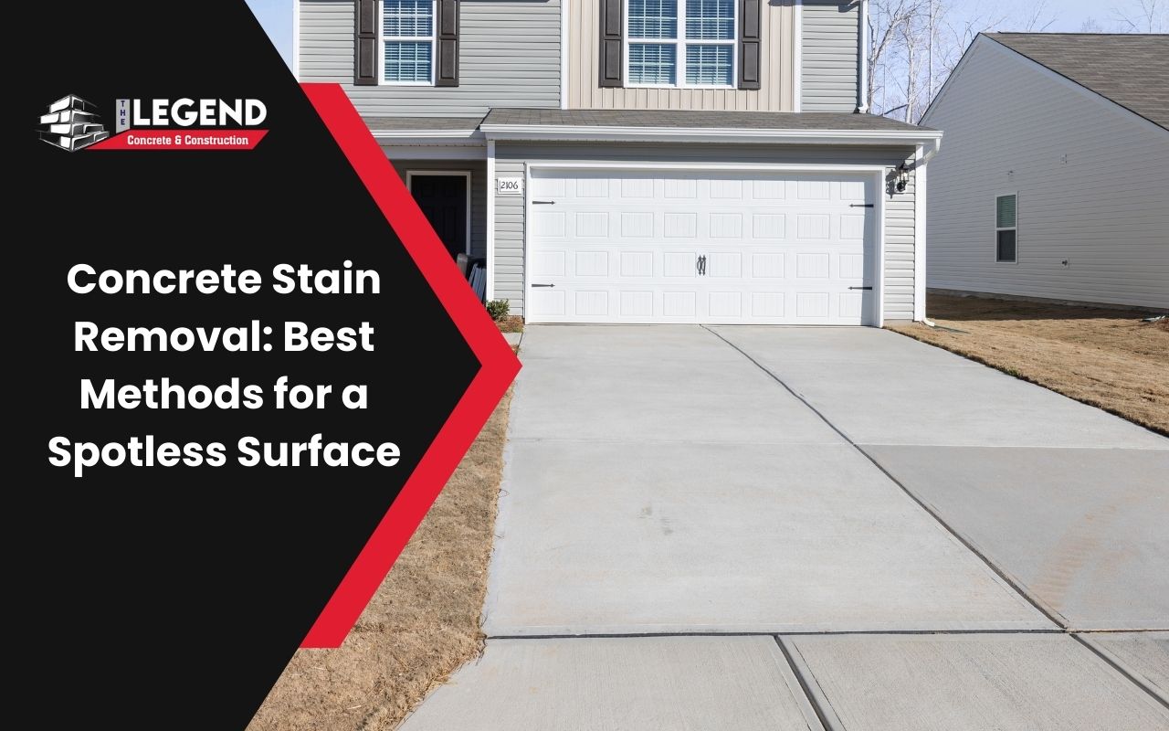 A clean, sealed concrete driveway after stain removal.