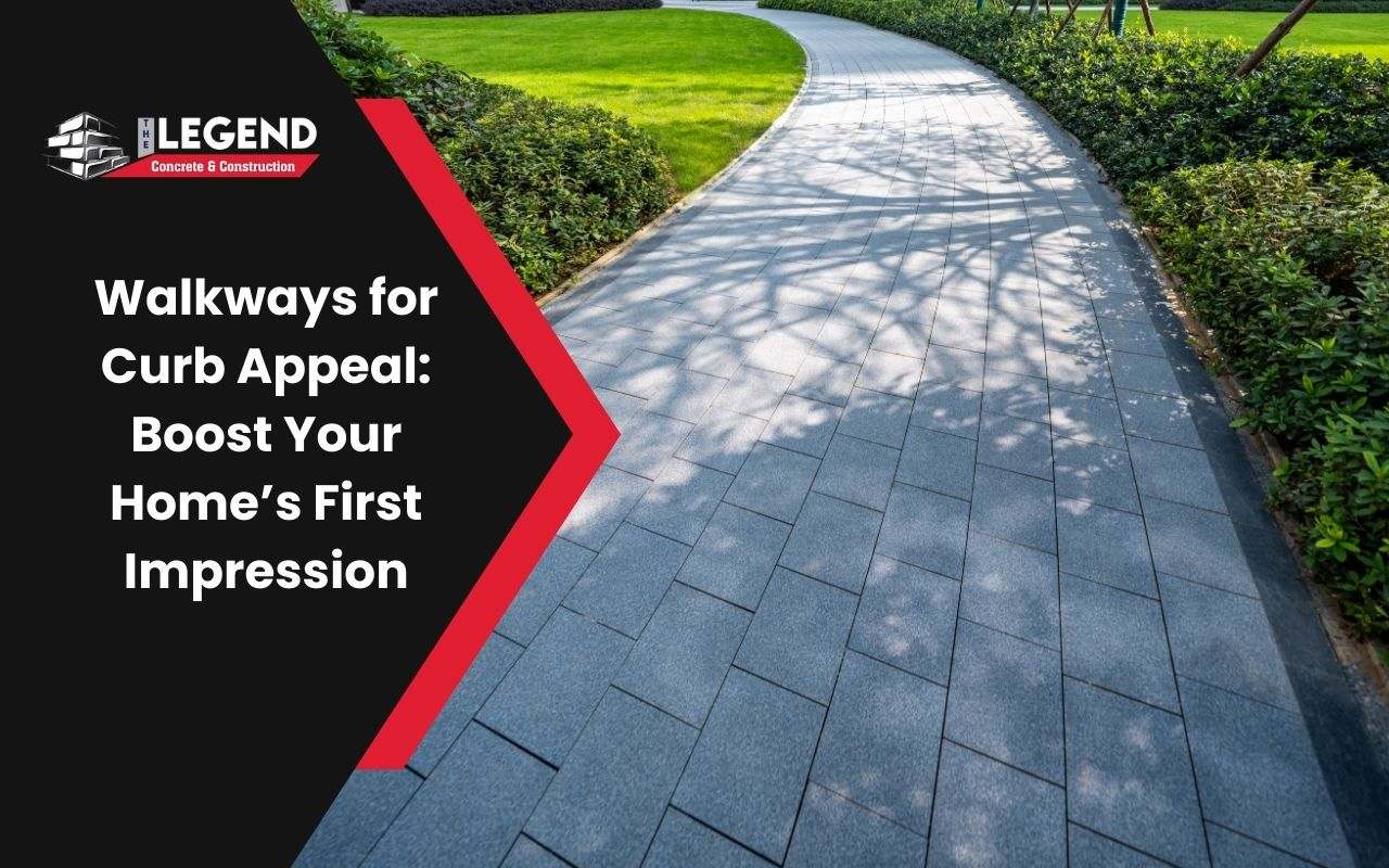 A curved walkway flowing naturally through a landscaped front yard.