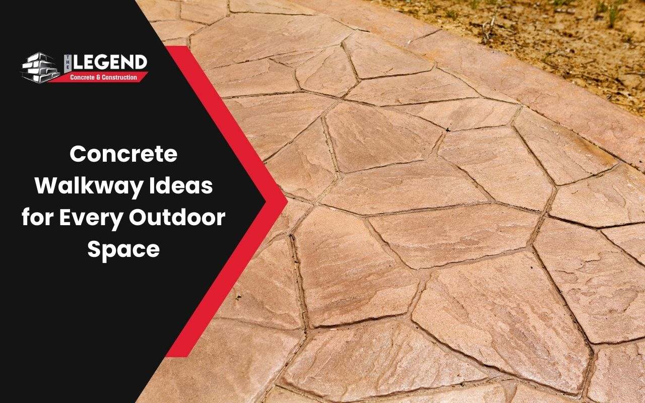 A stamped concrete walkway with a brick pattern.