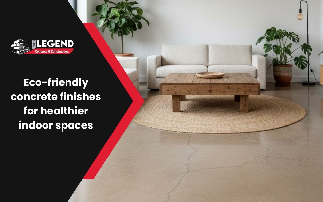 Living room floor with eco-friendly concrete finishes and a polished finish for better air quality