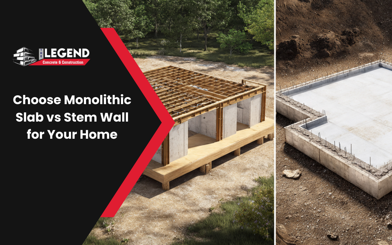 Monolithic Slab vs Stem Wall foundation comparison showing how they look.