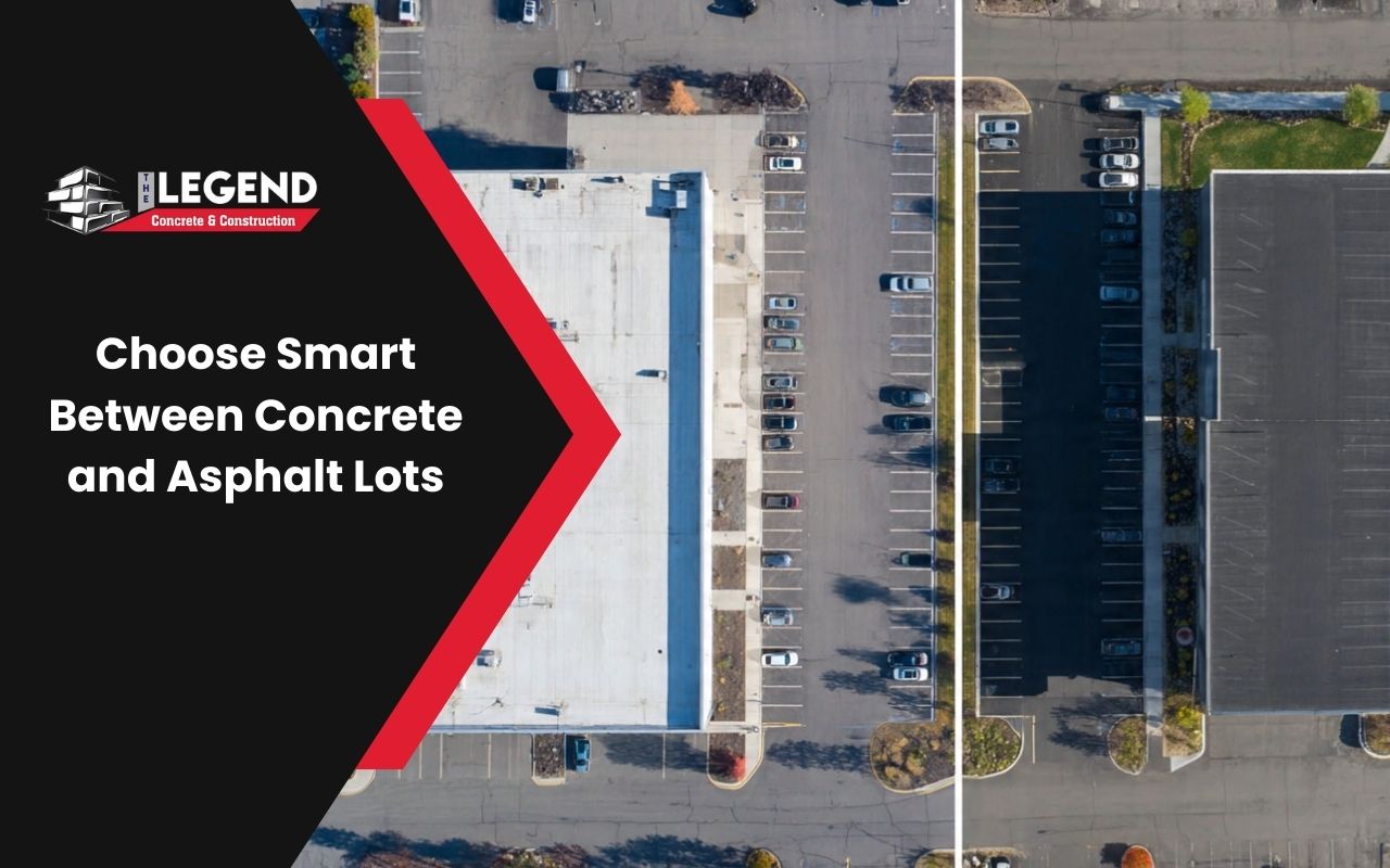 Side-by-side view showing Concrete Parking Lot vs Asphalt surfaces in a commercial lot.
