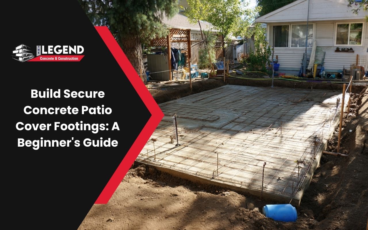 Concrete Patio Cover Footings layout marked with stakes and string lines for accurate post placement.