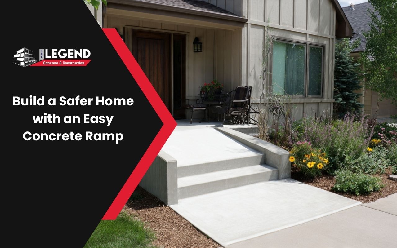 Concrete Ramp in Residential front entry with gentle ADA slope at home and smooth transitions.