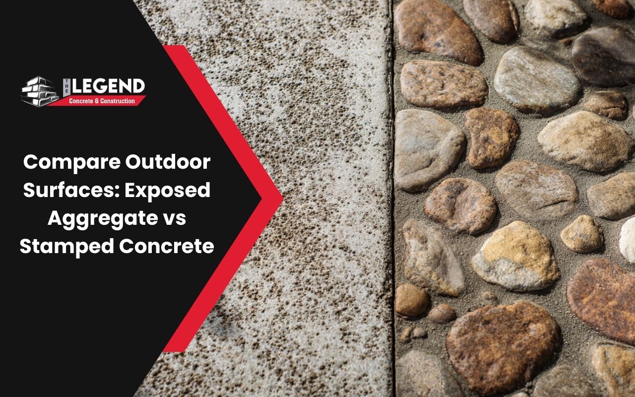 Exposed Aggregate vs Stamped Concrete patio comparison showing texture and grip outdoors