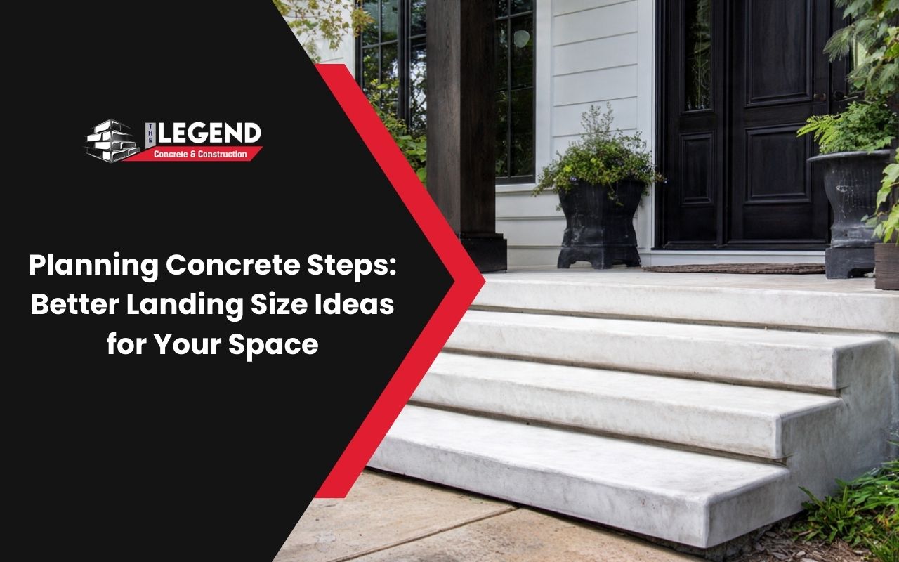 Concrete steps landing size at a home entry with a wide, safe landing platform.