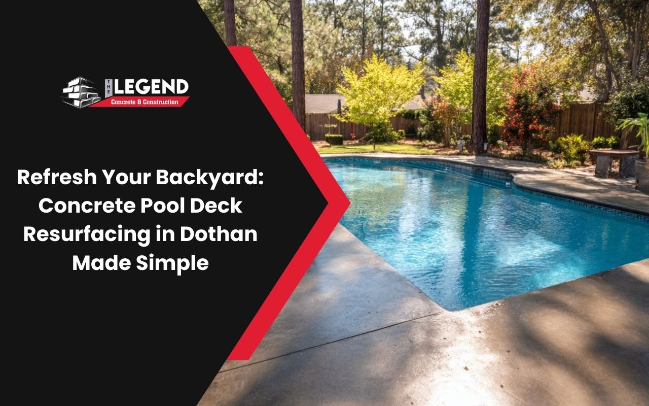 Concrete pool deck resurfacing in Dothan with a smooth modern finish around a backyard pool