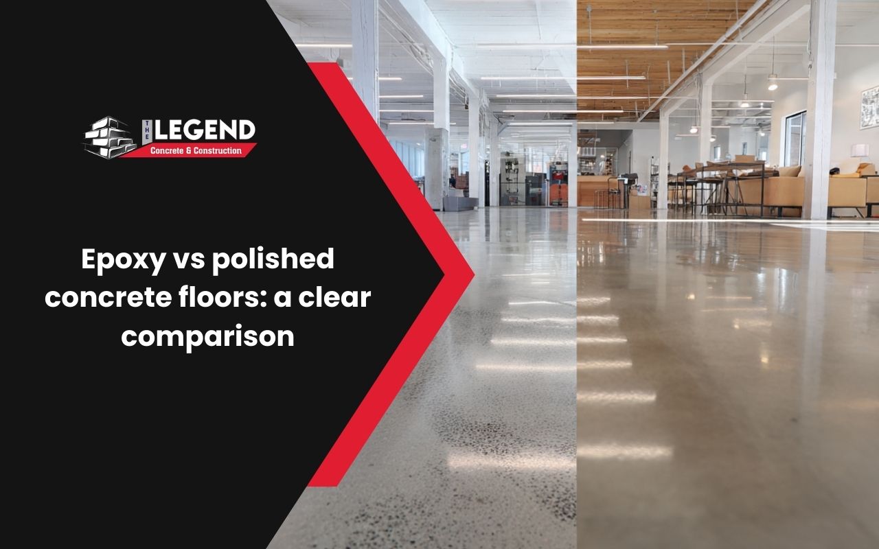 Epoxy vs polished concrete floors comparison showing finish, traction, and shine in a bright space