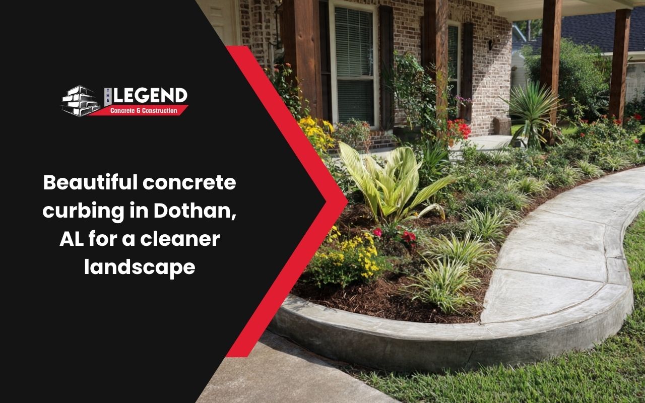 concrete curbing in Dothan, AL around a clean front yard garden bed