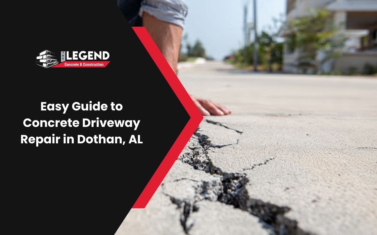 Homeowner checking concrete driveway repair in Dothan, AL for surface cracks