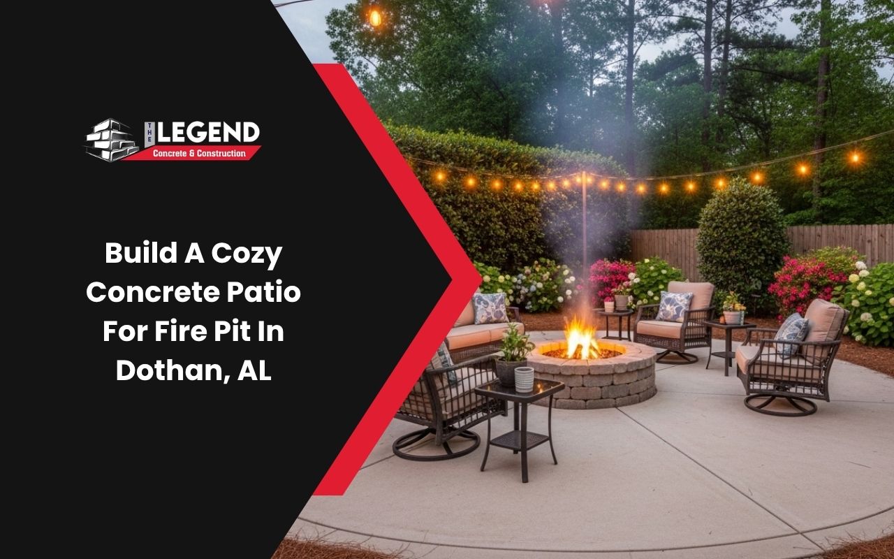 concrete patio for fire pit in Dothan, AL in a cozy backyard