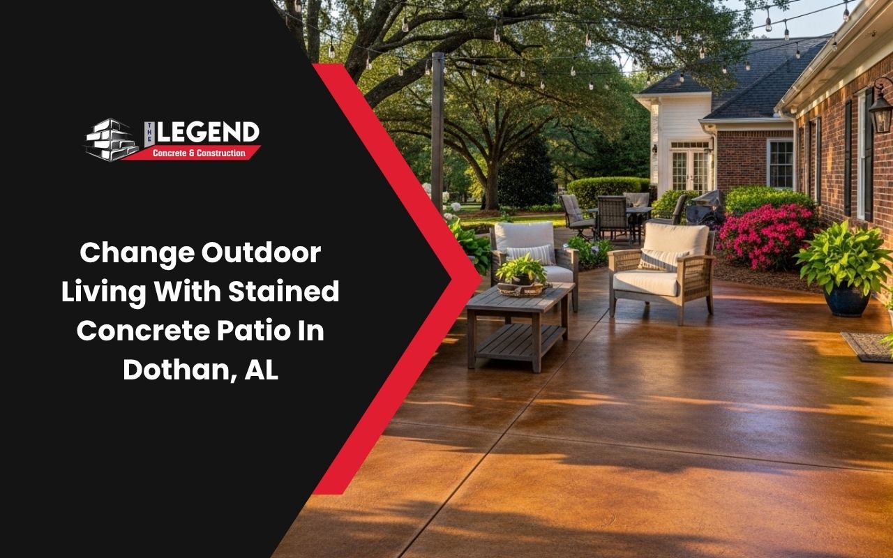 stained concrete patio in Dothan, AL with warm earth-tone finish