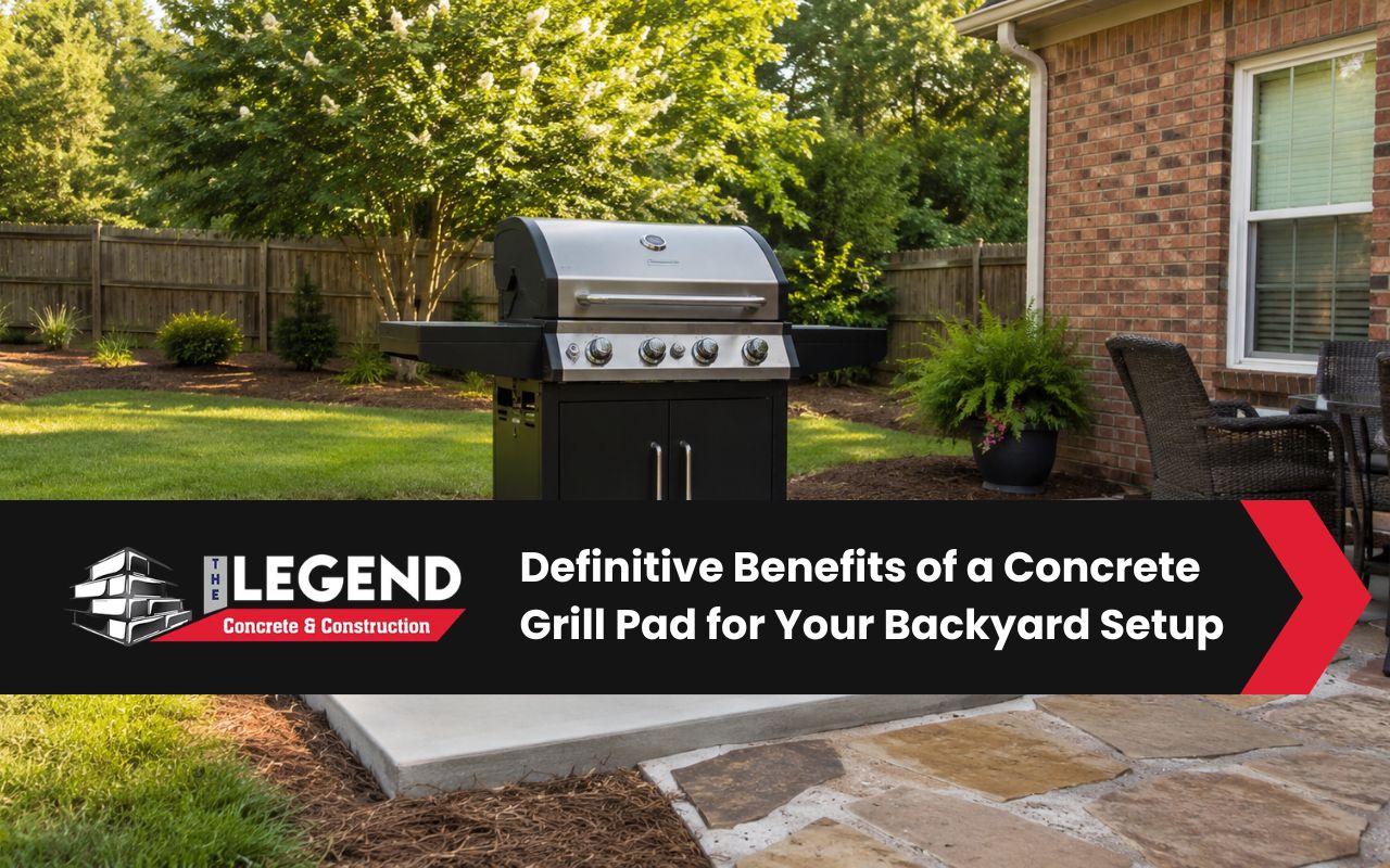 Backyard concrete grill pad with space for safe outdoor cooking