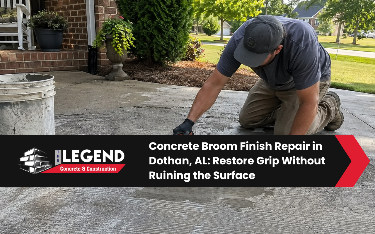 Contractor repairing worn broom-finished concrete at a Dothan property