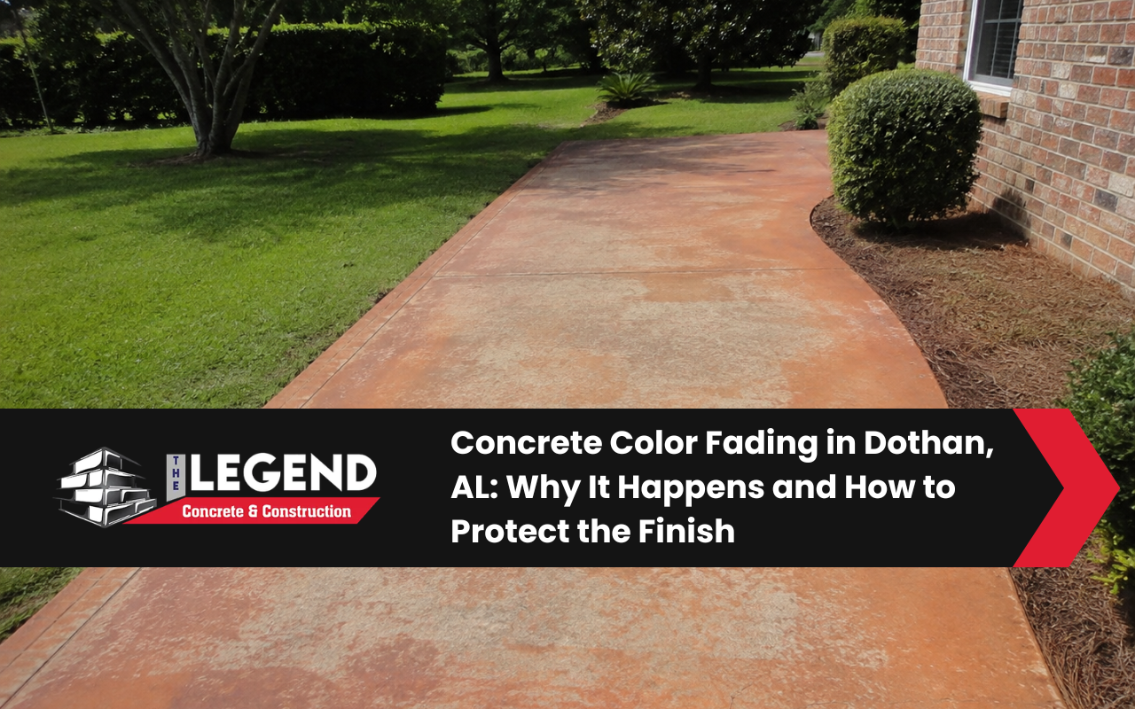 Colored concrete showing fading from sun exposure and outdoor weather in Dothan, AL