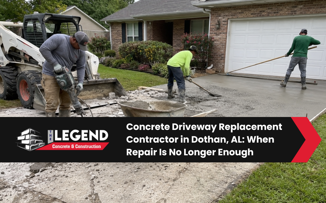 Crew replacing a cracked concrete driveway at a residential property in Dothan, AL