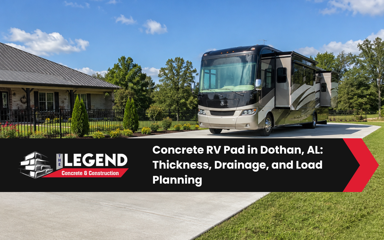 Finished concrete RV pad designed for heavy vehicle parking in Dothan, AL